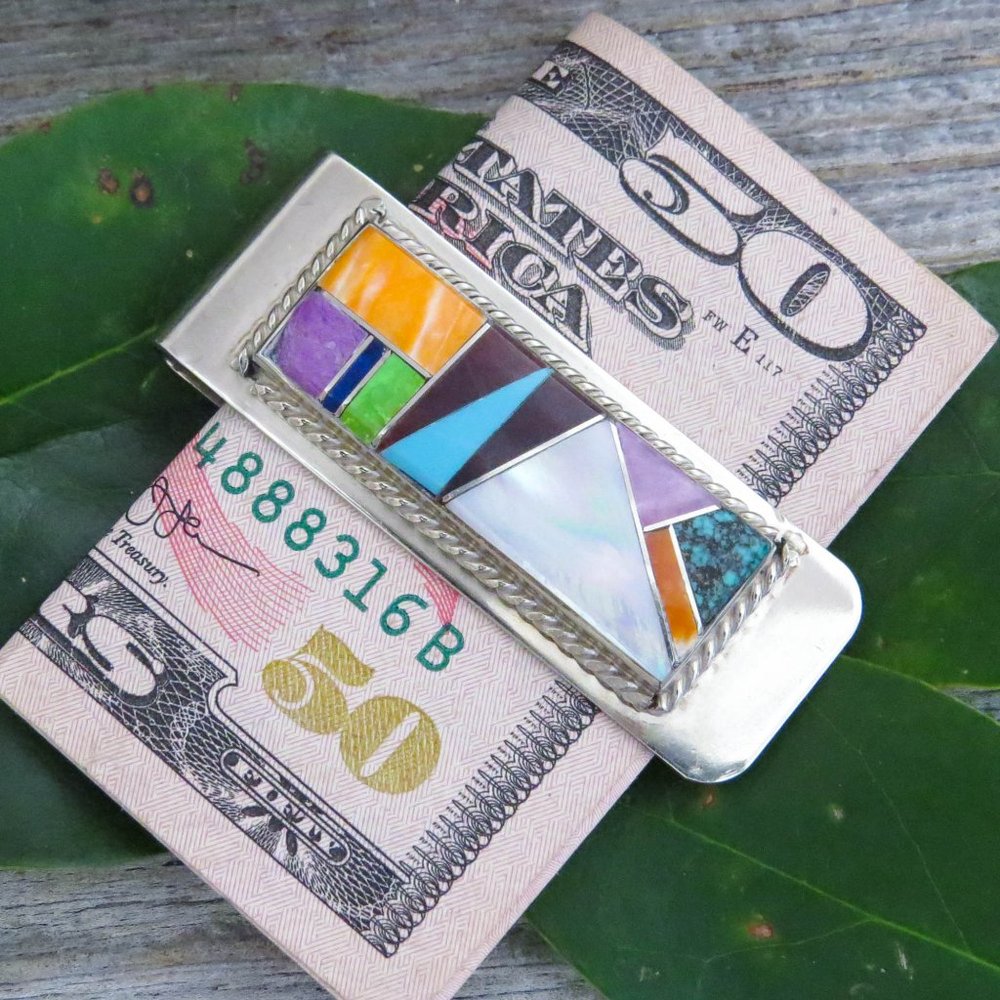 Multi Stone Inlay Sterling Silver Handmade Money Clip Credit Card Holder